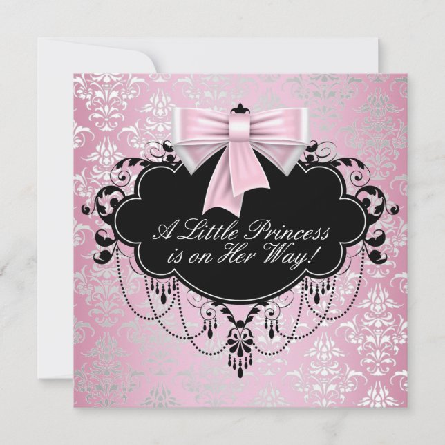 Convite Chá de Bebê Princesa Rosa e Preto Elegante Prata (Frente)