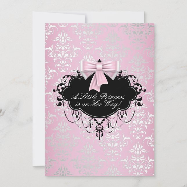 Convite Chá de Bebê Princesa Rosa e Preto Elegante Prata (Frente)