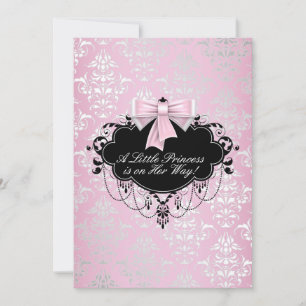 Convite Chá de Bebê Princesa Rosa e Preto Elegante Prata