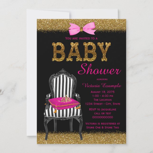 Convite Chá de Bebê Princesa Rosa Preto Dourado (Frente)