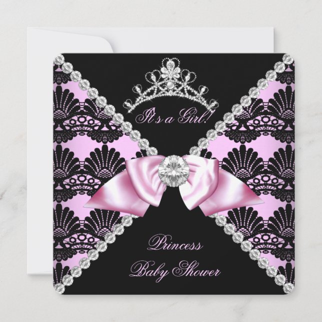 Convite Chá de Bebê Princesa Rosa Renda Preta Diamante (Frente)