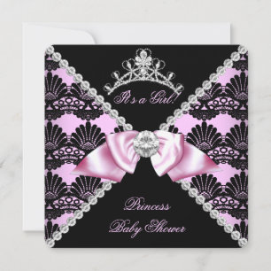 Convite Chá de Bebê Princesa Rosa Renda Preta Diamante