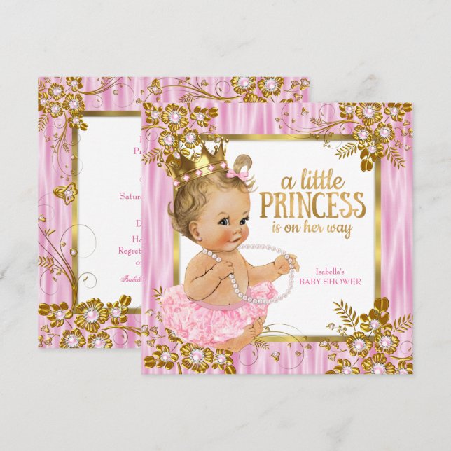 Convite Chá de Bebê Princesa Rosa Seda Floral Loira (Frente/Verso)