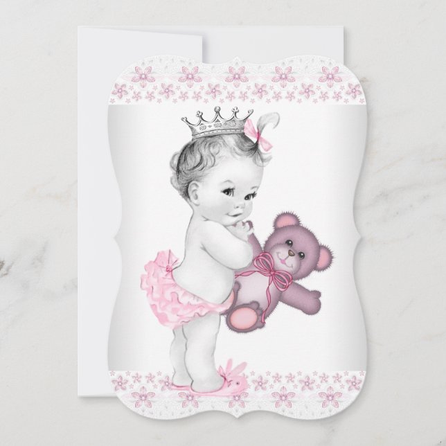 Convite Chá de Bebê Princesa Rosa Ursinho de Pelúcia (Frente)