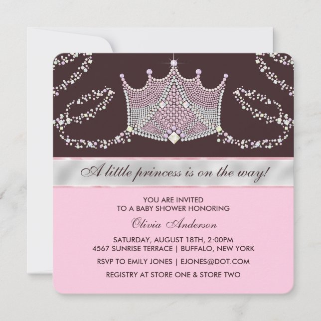Convite Chá de Bebê Princesa Tiara Rosa e Marrom (Frente)