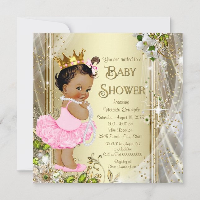 Convite Chá de Bebê Princesa Tutu Étnico Rosa Dourado (Frente)