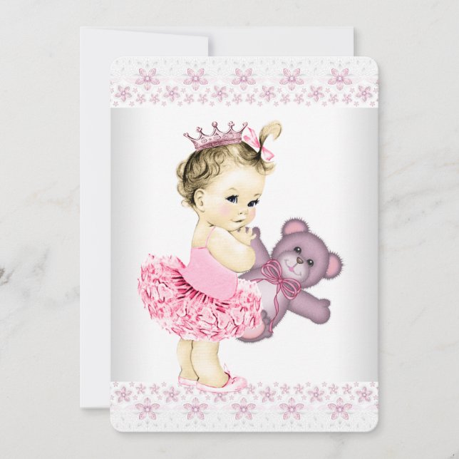 Convite Chá de Bebê Princesa Ursinho Teddy Rosa (Frente)
