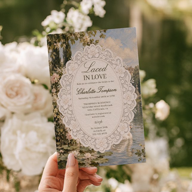 Convite Chá de Bebê Princesa Velho Dinheiro Cisne (Laced in Love Old Money Swan Bridal Shower Invitation)