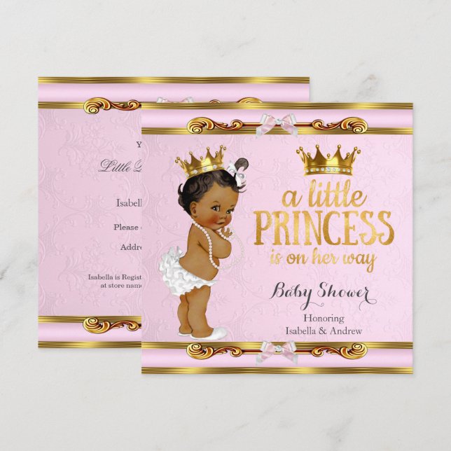 Convite Chá de Bebê Princesinha Étnica Rosa Dourado (Frente/Verso)