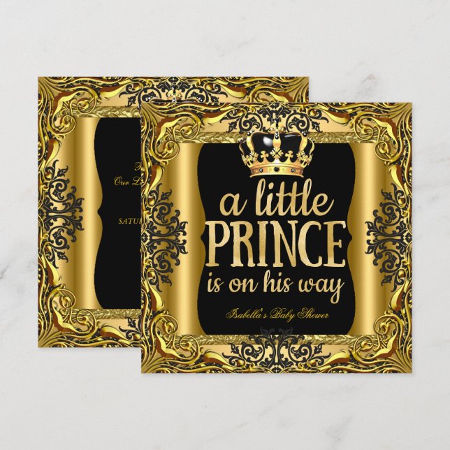 Convite Chá de Bebê Príncipe a caminho Dourado Preto (Frente/Verso)