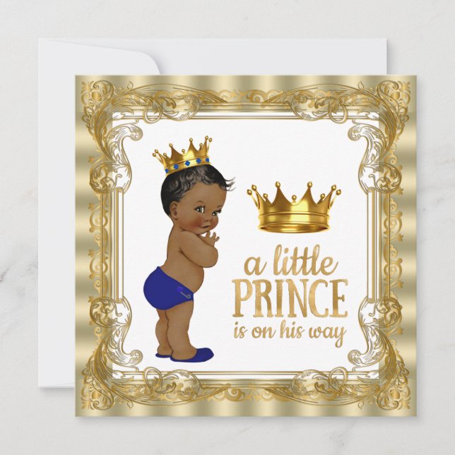 Convite Chá de Bebê Príncipe Étnico Azul Real Dourado (Frente)