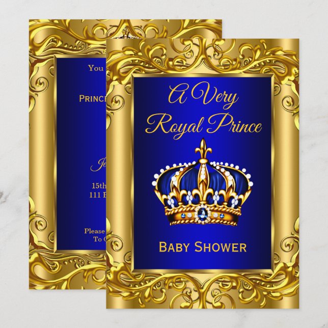 Convite Chá de Bebê Príncipe Real Azul royal dourado (Frente/Verso)