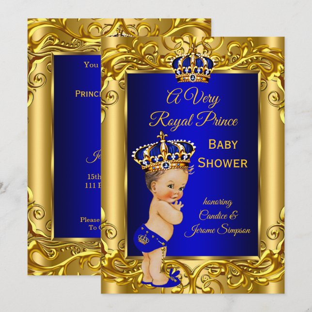 Convite Chá de Bebê Príncipe Real Azul royal dourado moren (Frente/Verso)