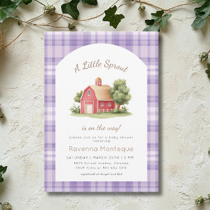 Convite Chá de Bebê Purple Gingham Red Barn Little Sprout