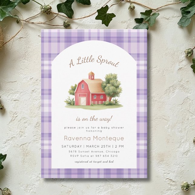 Convite Chá de Bebê Purple Gingham Red Barn Little Sprout (Criador carregado)