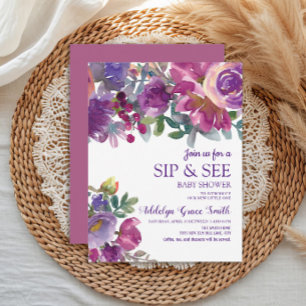 Convite Chá de Bebê Purple Gold Floral Aquarela Sip See