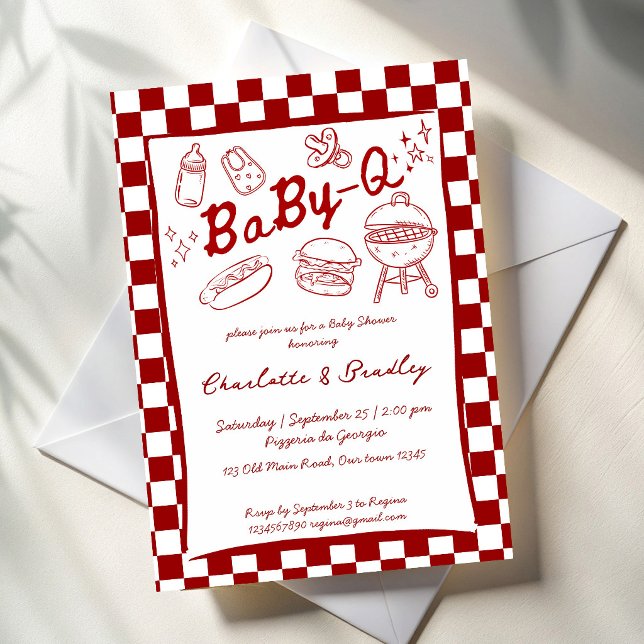 Convite Chá de bebê q churrasco verificações vermelhas (Baby q barbeque red checks hand drawn barbeque baby shower invitation cards template)