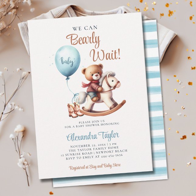 Convite Chá De Bebê-Rapaz De Cavalo-De-Ouro Esperado (we can bearly wait baby boy shower invitation teddy bear cute rocking chair lil cowboy western brown)