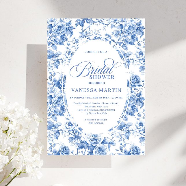 Convite Chá de Bebê Real Atemporal Toile de Jouy Azul  (Timeless Royal Blue Toile de Jouy Bridal Shower Invite)