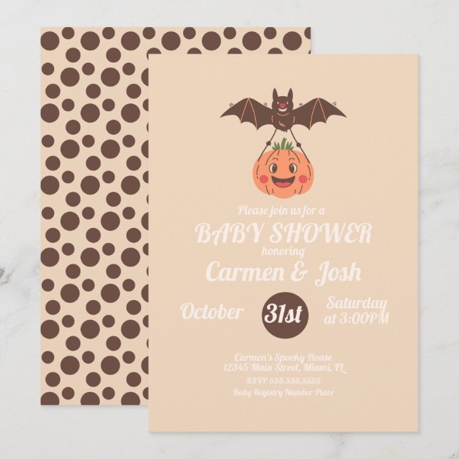 Convite Chá de Bebê Retrô Abóbora Morcego de Halloween Vin (Frente/Verso)