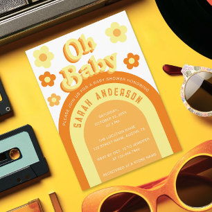 Convite Chá de Bebê Retro Groovy Anos 70 Flower Power