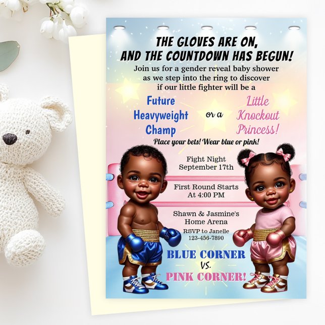 Convite Chá de Bebê Revelação de Gênero de Boxe (Boxing gender reveal baby shower invitation with adorable baby boxers! Simply add your details.)