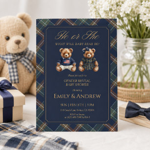 Convite Chá de Bebê Revelação de Gênero Navy Tartan