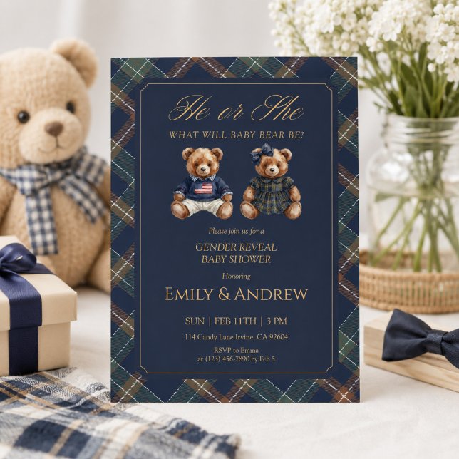 Convite Chá de Bebê Revelação de Gênero Navy Tartan (Criador carregado)
