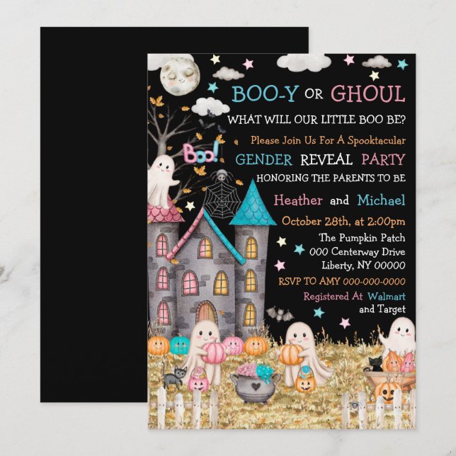 Convite Chá de Bebê Revelação de Gênero Pastel de Hallowee (Frente/Verso)