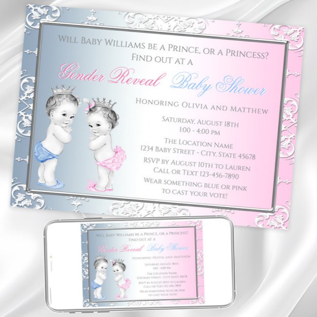 Convite Chá de Bebê Revelação de Gênero Príncipe Princesa  (Adorable gender reveal or twins invitation. Instant download and printed invitations available.)