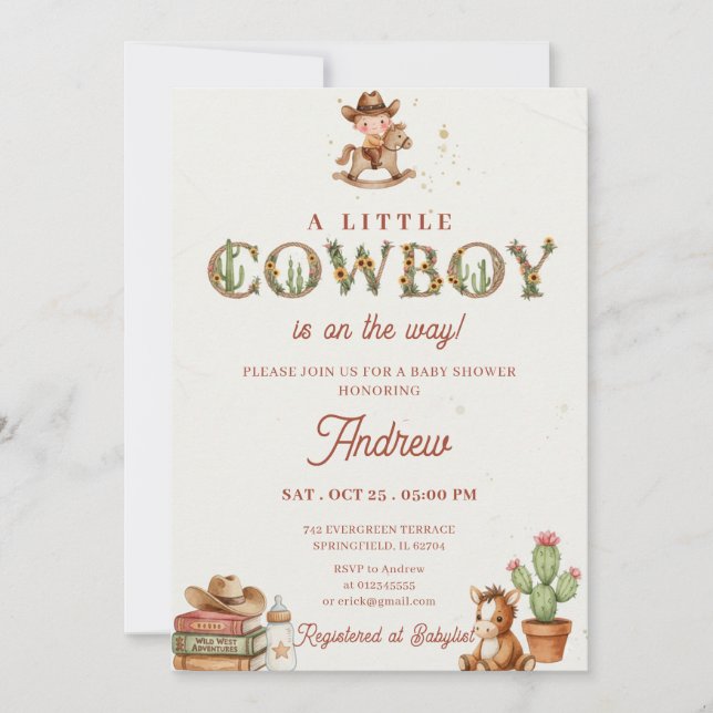 Convite Chá de Bebê Rodeio Western Cowboy Pessoal (Frente)