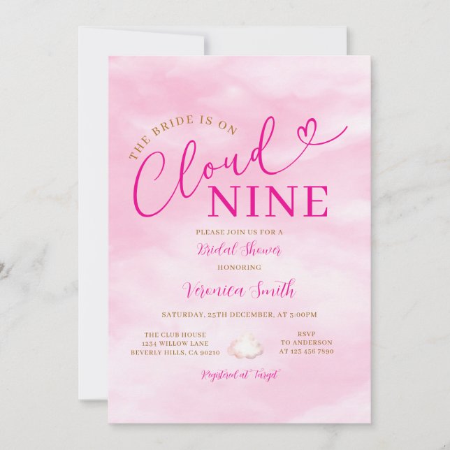Convite Chá de Bebê Romântico Rosa Elegante Nove Nuvens (Frente)