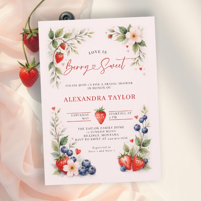 Convite Chá de Bebê Rosa Arte Botânica Doce como Frutas (berry sweet bridal shower invitation card design floral botanical watercolor pink red calligraphy)