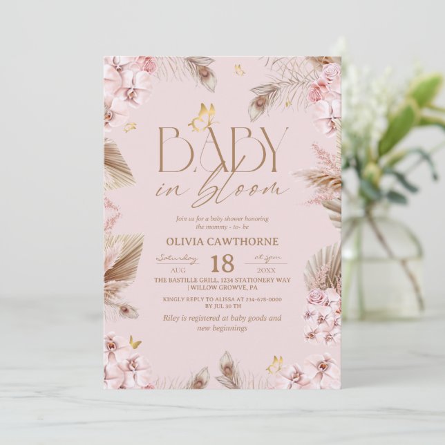 Convite Chá de Bebê Rosa Baby em Flor Rosa (Em pé/Frente)