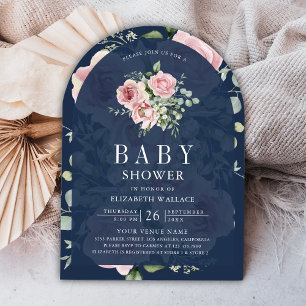 Convite Chá de Bebê Rosa Bege Floral Eucalipto Azul Marinh