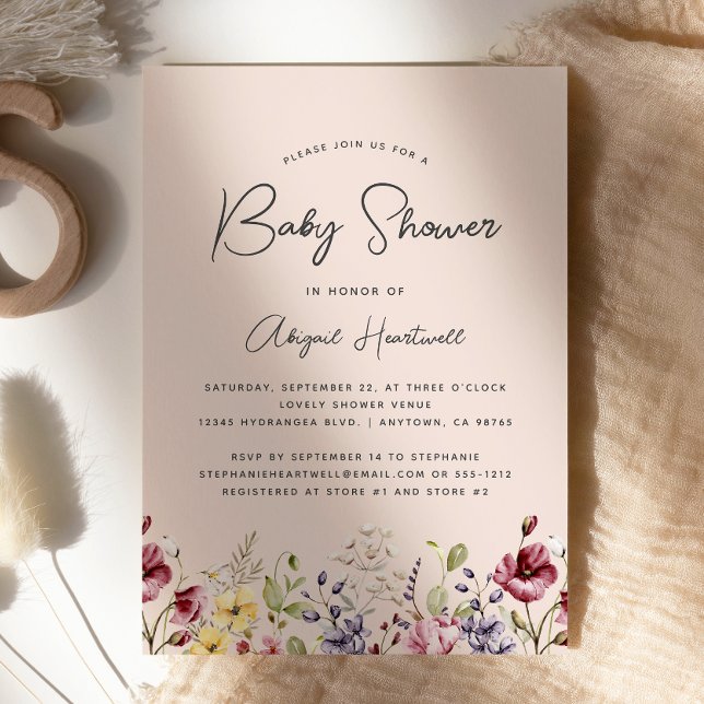 Convite Chá de Bebê Rosa Bege Flores Silvestres Aquarela (Criador carregado)