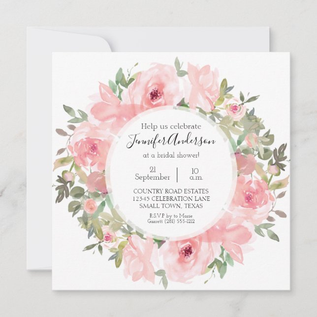 Convite Chá de Bebê Rosa Bege Luxuriante Aquarela (Frente)