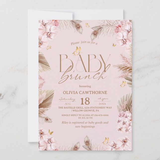 Convite Chá de Bebê Rosa Boho Menina Bebê Brunch (Frente)