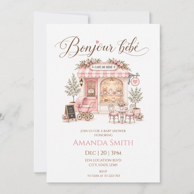 Convite Chá de Bebê Rosa Bonjour Bébé Café (Frente)