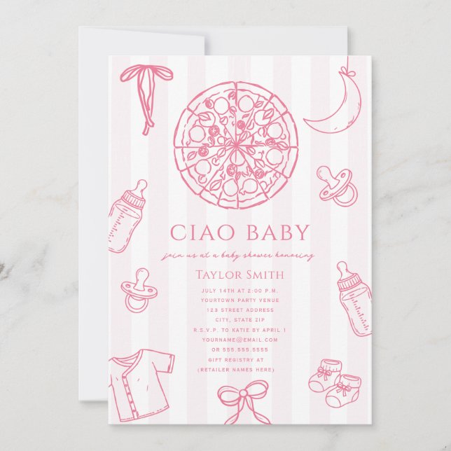 Convite Chá de Bebê Rosa Ciao Baby Menina Pizza (Frente)
