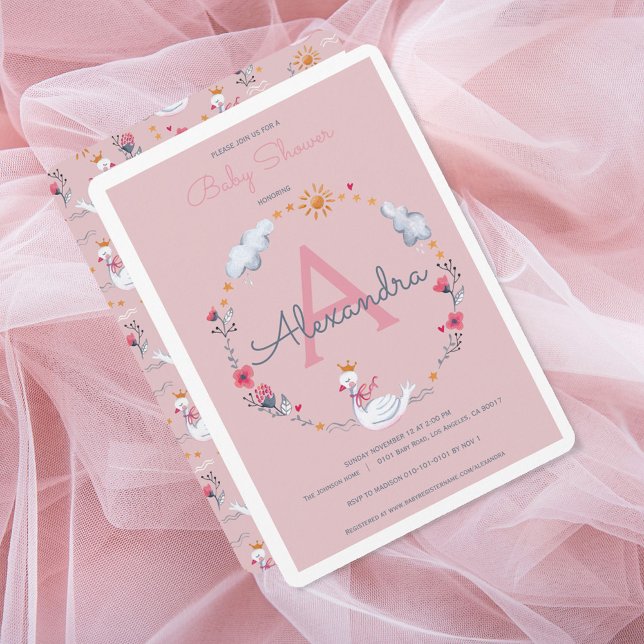 Convite Chá de bebê rosa cisne (Swan pink baby shower invitation)