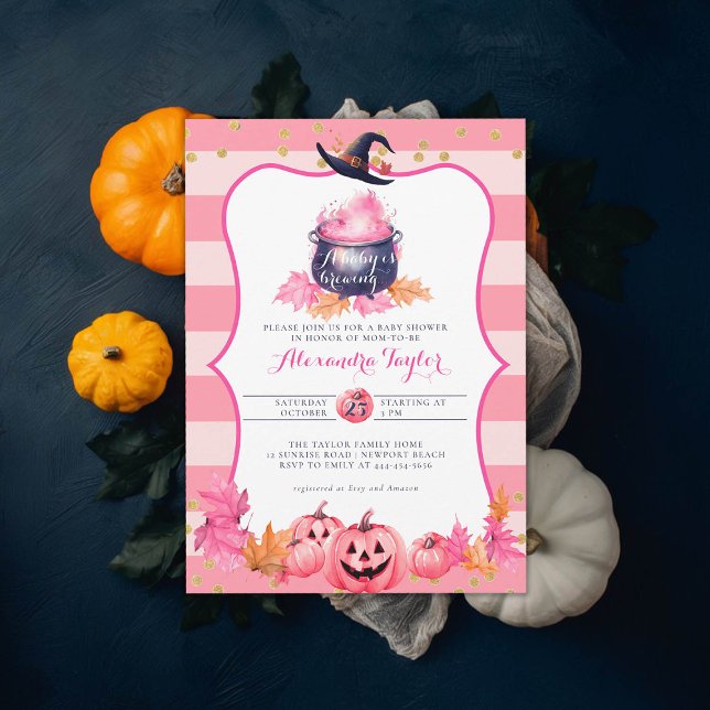 Convite Chá De Bebê Rosa Com Bruxa Rosa De Feiticeira Qued (halloween baby shower witch cauldron pumpkin invitation october novermber fall pink purple)