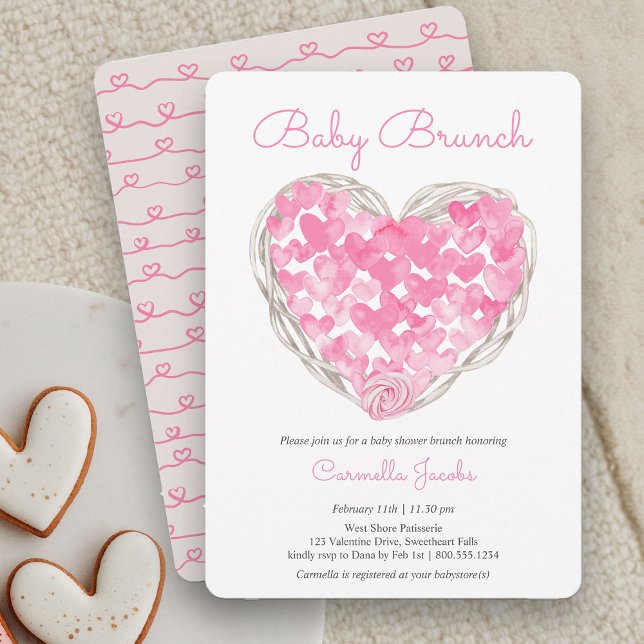 Convite Chá de Bebê Rosa Corações Rústicos Menina (Baby Brunch Rustic Pink Heart Baby Shower Invitation)