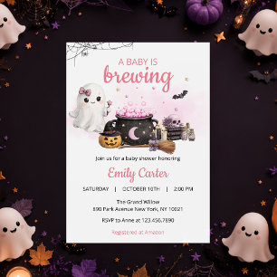Convite Chá de Bebê Rosa de Halloween Baby Is Brewing