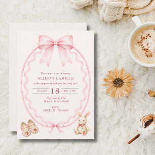 Convite Chá de Bebê Rosa Doce com Laço Coquette