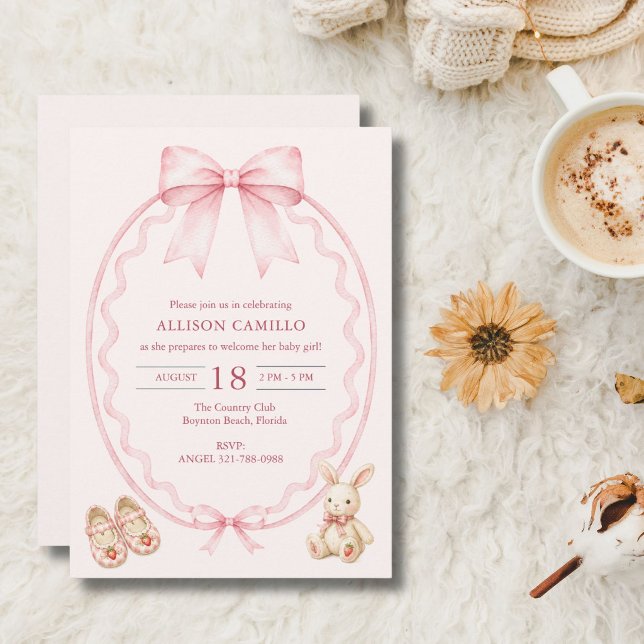 Convite Chá de Bebê Rosa Doce com Laço Coquette  (Berry Sweet Pink Coquette Bow Baby Shower Invitation)