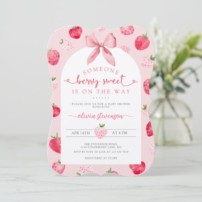 Convite Chá de Bebê Rosa Doce Morango Berry Fofo (Em pé/Frente)