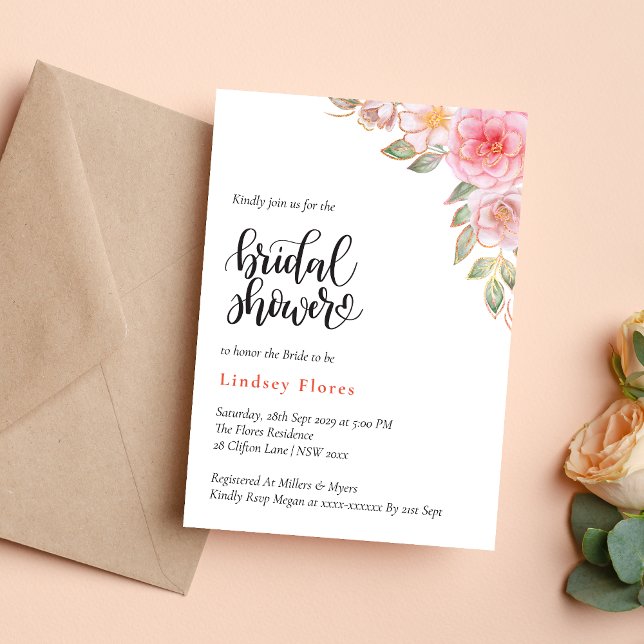 Convite Chá de Bebê Rosa Dourado com Flores e Folhagens (Gold blush pink floral greenery invitation adds romantic charm to your bridal shower)