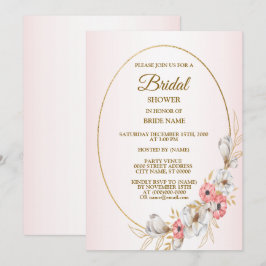 Convite Chá de Bebê Rosa Dourado Floral Geométrico Pêssego