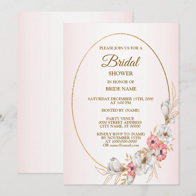 Convite Chá de Bebê Rosa Dourado Floral Geométrico Pêssego (Frente/Verso)